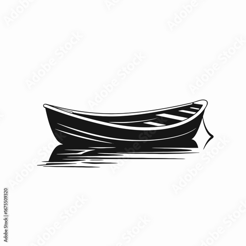 Classic wooden rowboat illustration floating peacefully on water, vector silhouette