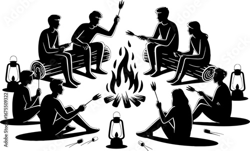 Campfire Gathering with Friends Cooking Marshmallows and Sharing Stories