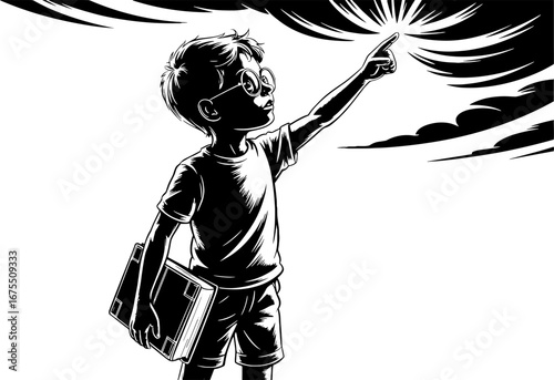 Curious Boy Pointing to the Sky Inspiring Imagination and Wonder