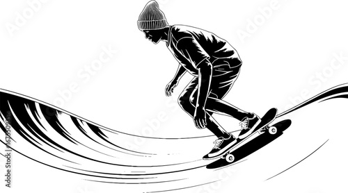 Skater Performing Trick on Skateboard in Abstract Wave Design