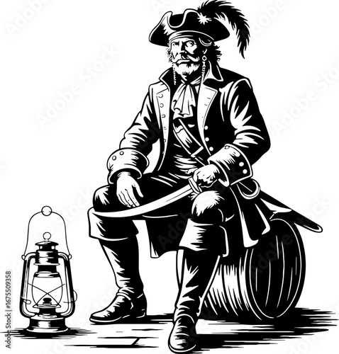 Detailed Vintage Pirate Illustration with Lantern and Barrel