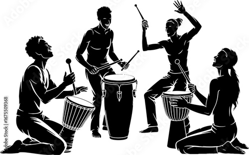 African Drumming Group Celebrating Rhythmic Music in Silhouette