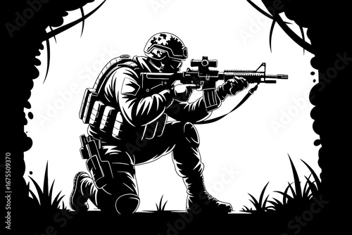 Tactical Soldier Silhouette in Jungle Environment for Design Projects