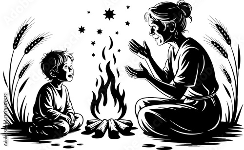Grandmother Storytelling by the Campfire with Child and Stars