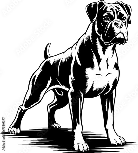 Majestic Boxer Dog Standing Boldly in Black and White Illustration