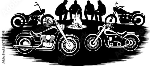 Bikers Sitting Around Campfire with Motorcycles in Silhouette