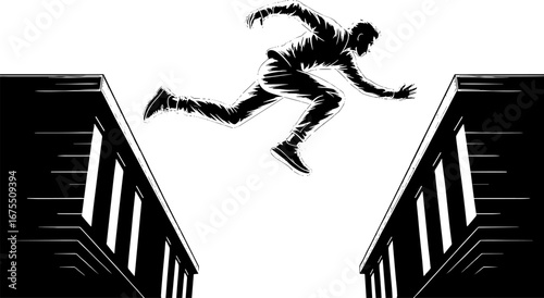 Dynamic Illustration of a Man Leaping Between Two Buildings in Action