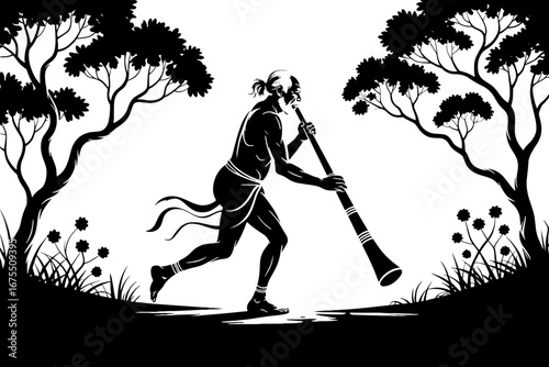 Silhouette of a Man Playing Traditional Instrument in Nature Landscape