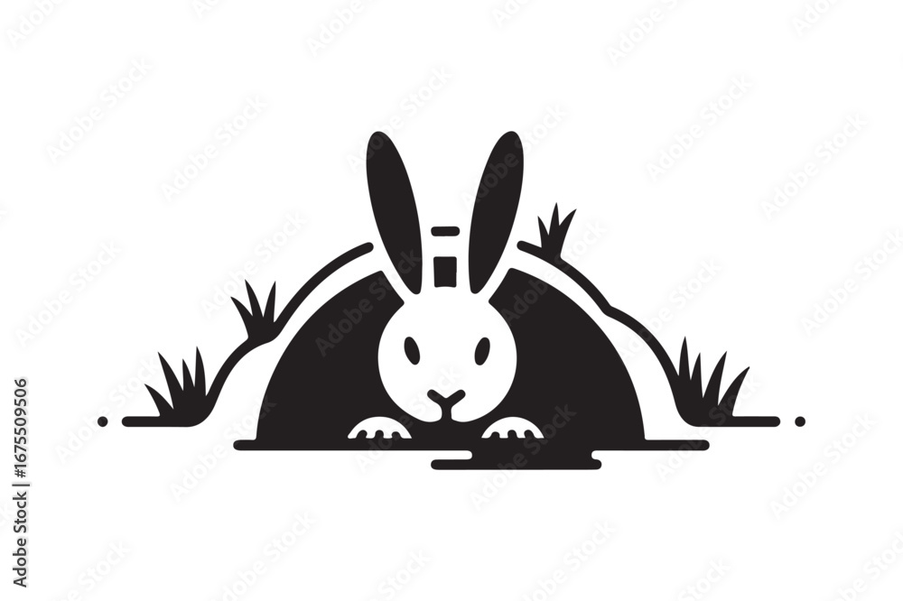 Obraz premium Silhouette Icon of a Rabbit Peeking Out of Its Burrow for Nature Themed Designs