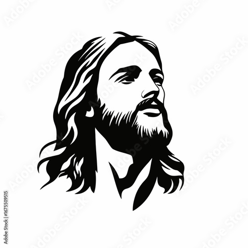Solemn religious figure portrayed in a contemplative graphic art style silhouette