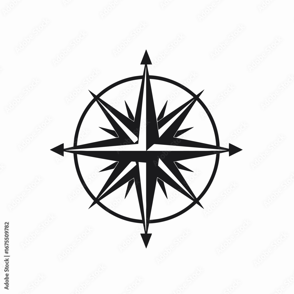Fototapeta premium Minimalist compass rose navigating direction and exploration in a black silhouette