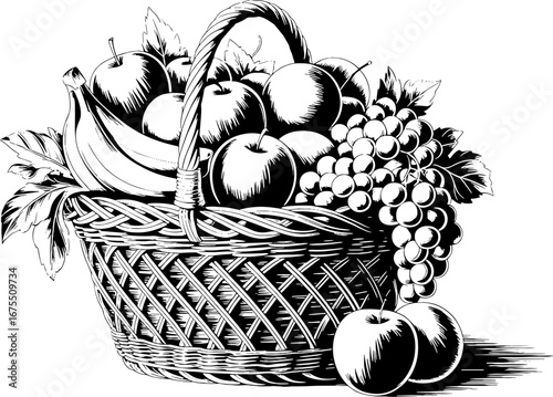 Detailed Vintage Fruit Basket Design for Illustrations and Tattoos