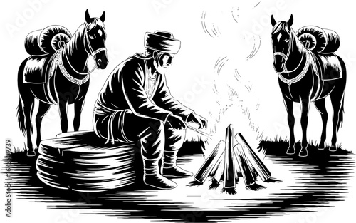 Campfire Scene with Horseman Preparing Fire in Rustic Wilderness