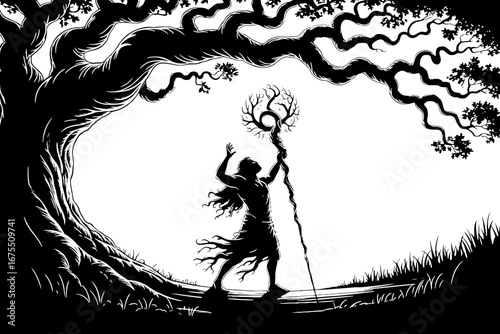 Mystical Forest Figure Wielding Staff Under Ancient Tree