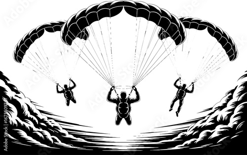 Dynamic Skydivers Parachuting Down in Bold Silhouette Artwork