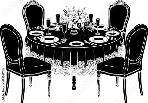 Elegant Round Dining Table Set with Chairs and Floral Centerpiece