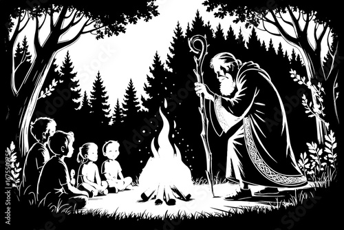 Elder Storyteller Narrating Tales by Campfire in Enchanted Forest