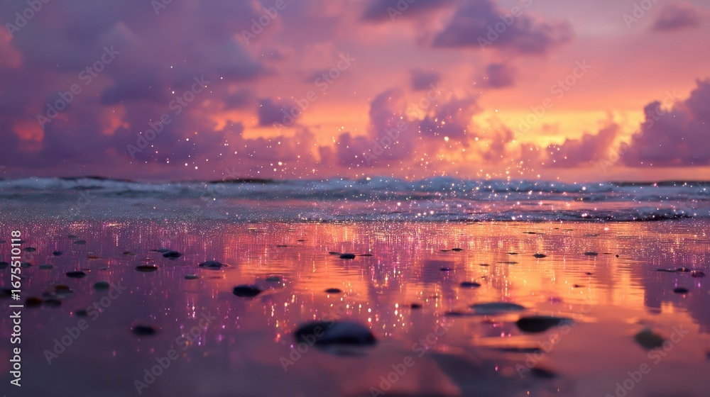 Obraz premium A serene beach scene at sunset, featuring vibrant colors, sparkling water droplets, and smooth pebbles on the shore, creating a tranquil atmosphere.