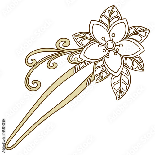 Elegant floral hair stick with decorative swirls and leaf accents in a delicate line art style
