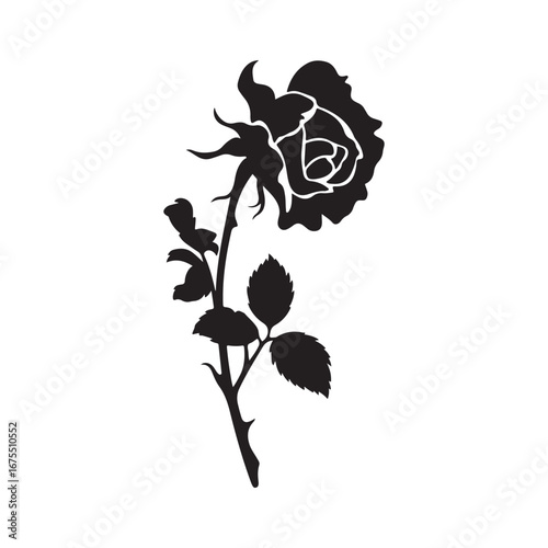 Wilted Rose Silhouette Icon with Stem and Leaves for Floral Designs