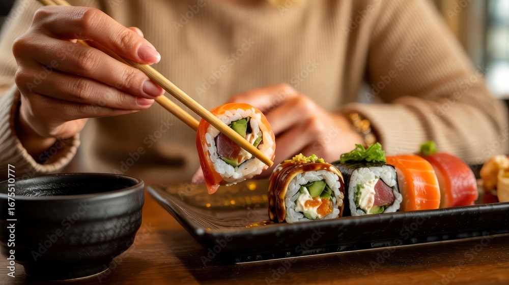 Obraz premium Woman's Hands Using Chopsticks to Pick Up a Piece of Sushi from a Plate of Assorted Rolls