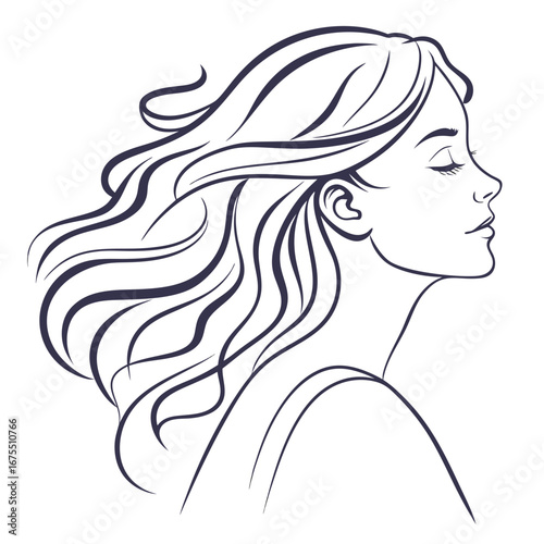 Elegant line art profile of a woman with flowing hair and closed eyes in a serene pose