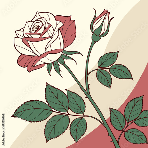 Elegant stylized rose with a bud and green leaves on a creamy and muted red background