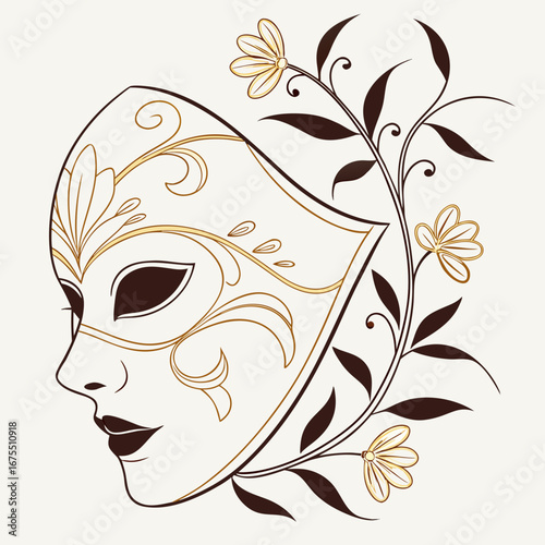 Elegant venetian mask adorned with ornate gold swirls and delicate floral vine accents