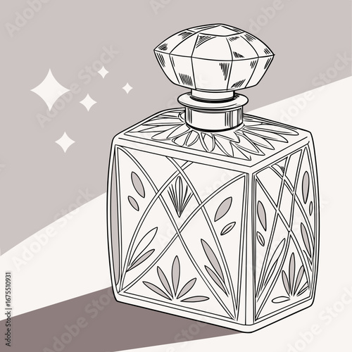 Elegant vintage crystal perfume bottle with ornate geometric patterns and a faceted stopper