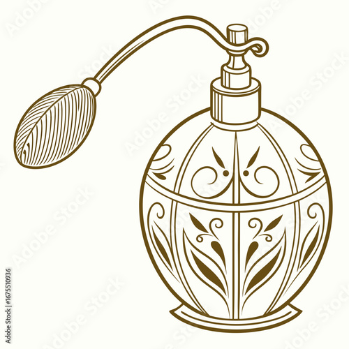 Elegant vintage perfume bottle with ornate floral design and bulb atomizer in a classic line art style