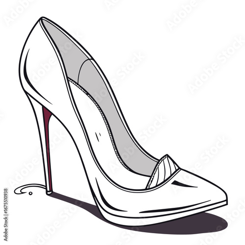 Elegant white high heel shoe with a pointed toe and a thin burgundy stiletto heel
