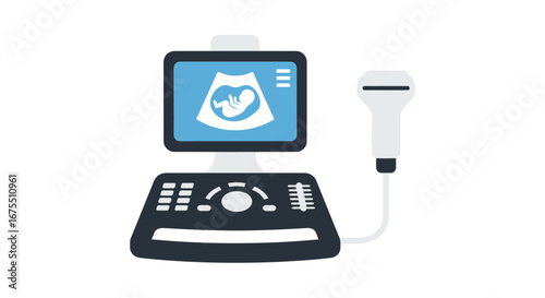Medical Ultrasound Machine Illustration Displaying Fetal Image, Ideal for Healthcare, Obstetrics and Diagnostic Imagery Projects, and Medical Education Material.