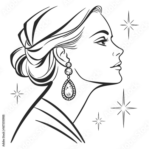 Elegant woman profile wearing a dangling gemstone earring with sparkling stars in a sophisticated line art style