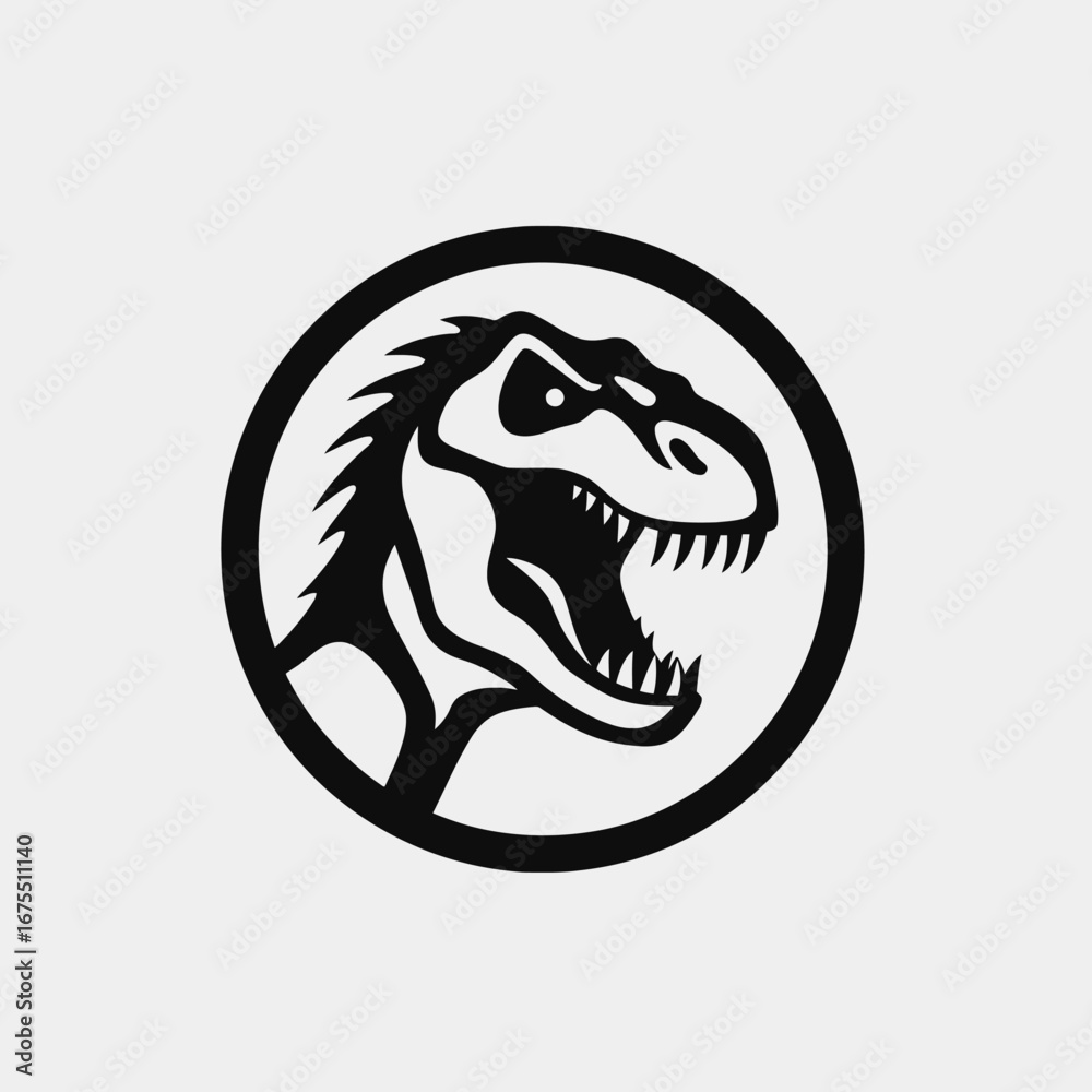 Naklejka premium A striking dinosaur head contained within a circular emblem, bold silhouette
