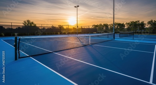Wallpaper Mural A tranquil blue tennis court at dawn, with the morning sun rising over the net, creating a peaceful sports scene Torontodigital.ca