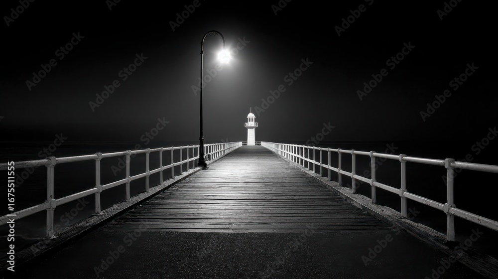 Obraz premium A serene black-and-white image of a pier leading to a lighthouse, illuminated by a street lamp, creating a peaceful, moody atmosphere.