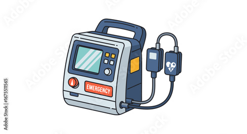 Portable emergency defibrillator illustration showcasing life-saving medical equipment for healthcare, training, and first aid scenarios, promoting preparedness and safety.