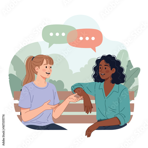 Vector illustration of two women are sitting on a park bench and having a conversation