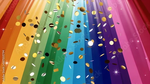 Vibrant rainbow celebration with falling golden confetti and sparkling lights