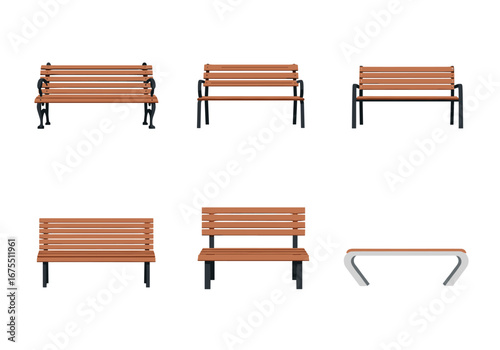 Collection of six distinct modern and classic wooden outdoor park benches for public spaces