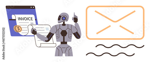 Robot managing online invoice processes, large email communication symbol. Ideal for automation, AI solutions, finance, technology, productivity, customer service efficiency. Simple flat metaphor