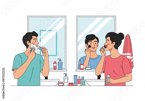 A couple's morning routine engaging in personal grooming and skincare practices together