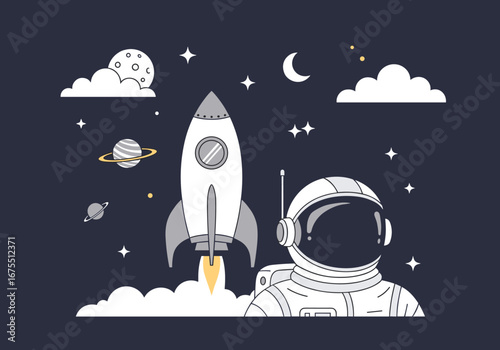 Astronaut ascends on rocket adventure through cosmic celestial universe exploring new planets and stars