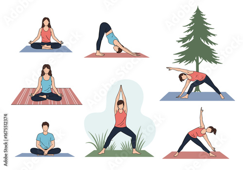 Diverse people practicing various yoga poses outdoors and indoors for health and wellness