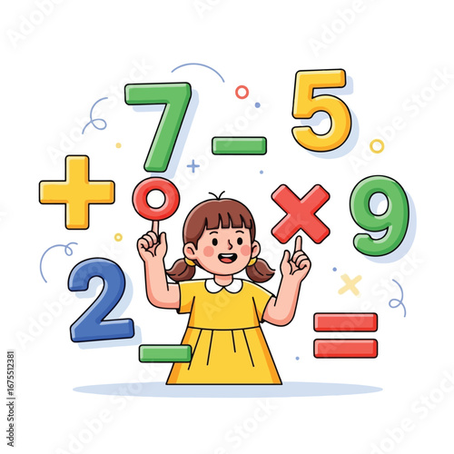 A cheerful cartoon girl learning math, surrounded by colorful numbers and arithmetic symbols like plus, minus, multiply, and equals signs.