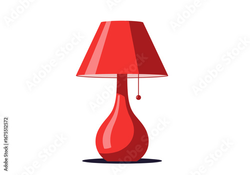A vibrant red lamp with a tapered shade and a droplet pull chain enhances any room decor