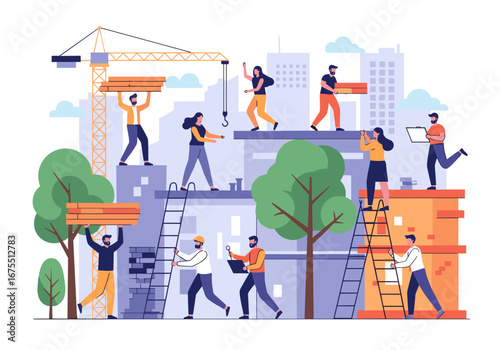 Diverse team of people collaborating on construction projects in an urban environment with cranes and buildings