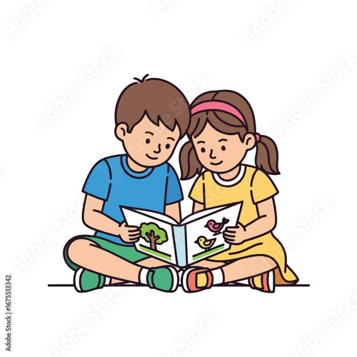 Two children sitting together reading a book.