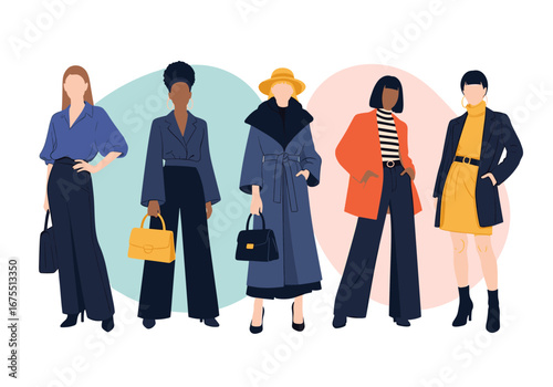 Diverse group of women showcasing modern fashion styles and elegant attire for professional and casual wear