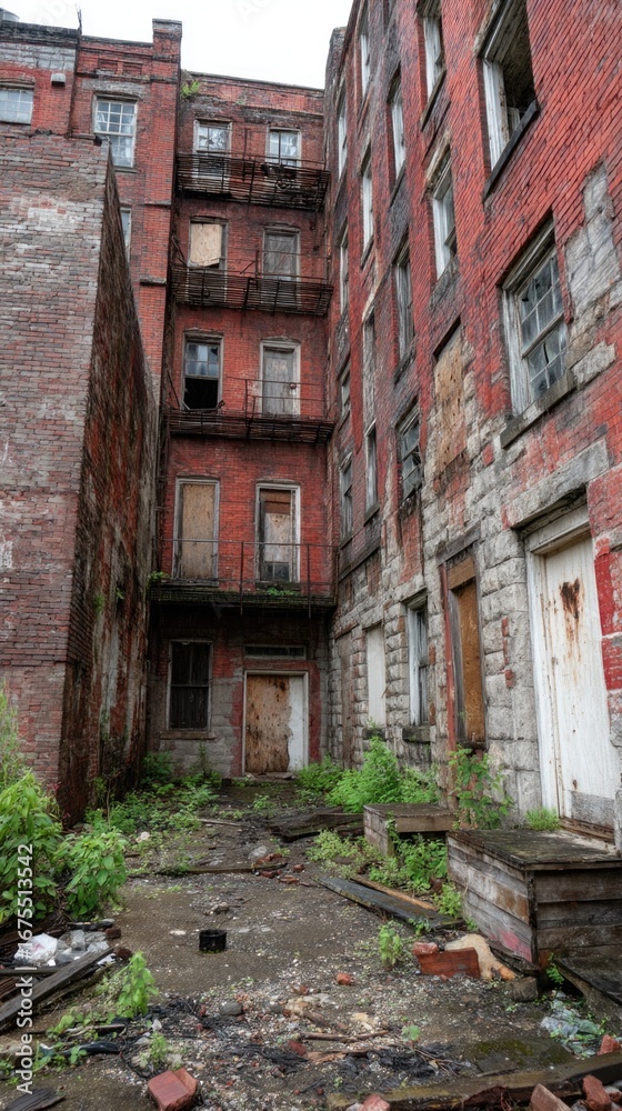 Fototapeta premium Neglected urban building with overgrown yard